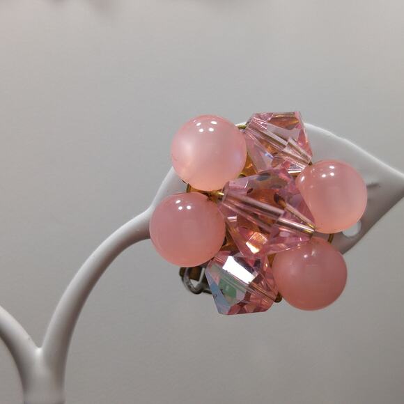 Vintage Japan Pink Beaded Necklace Earrings, Moonglow Lucite Crystal , 1950s - Picture 10 of 10